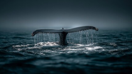 Whale fluke emerging from ocean waves
