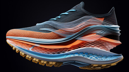Modern Athletic Shoe: Exploded View, Innovative Design, Vibrant Colors, Technical Detail, Premium Quality, Running Sneaker.