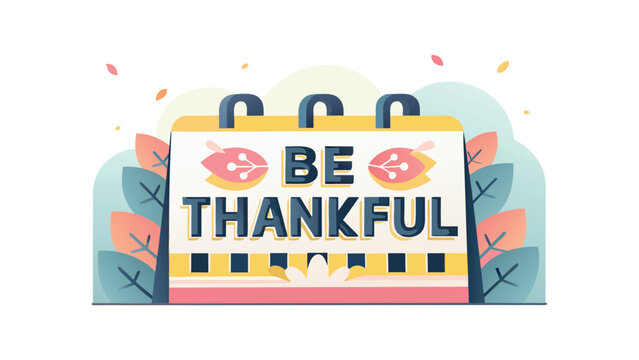 Flat vector illustration of desk calendar with ‘Be Thankful’ text, autumn leaves and decorative plants, Thanksgiving gratitude and cozy seasonal decor concept - Powered by Adobe
