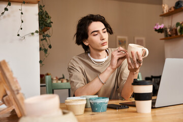 Handsome stylish man creating pottery in a cozy art studio full of creativity and inspiration