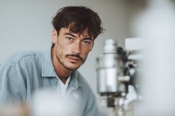 skilled cinema technician meticulously adjusts vintage projector showcasing intense focus