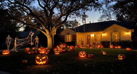 Suburban house with spooky Halloween decorations, glowing jack-o'-lanterns, and skeletons on a festive autumn night.