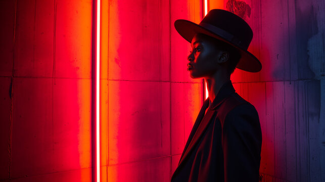 Stylish Black Woman in Fedora Hat, Red Neon Light, Urban Concrete Wall, Dramatic Fashion Portrait - Powered by Adobe
