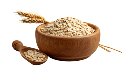 Wooden bowl filled with oats and a scoop of oats isolated on transparent background