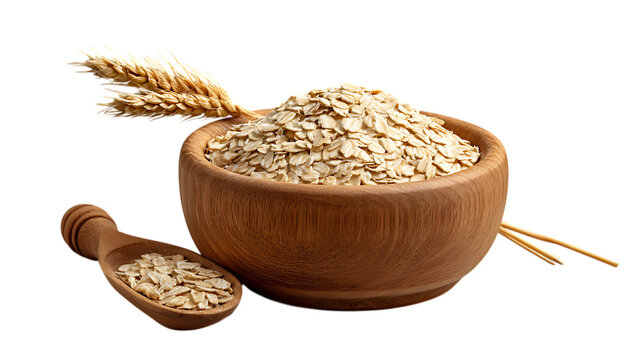 Wooden bowl filled with oats and a scoop of oats isolated on transparent background