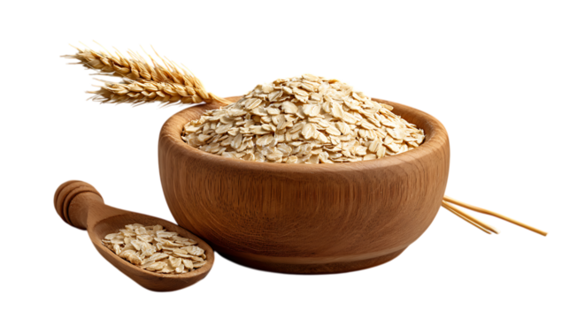 Wooden bowl filled with oats and a scoop of oats isolated on transparent background