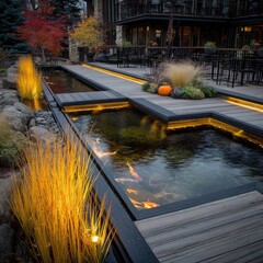 Outdoor water features, illuminated walkway, modern landscaping