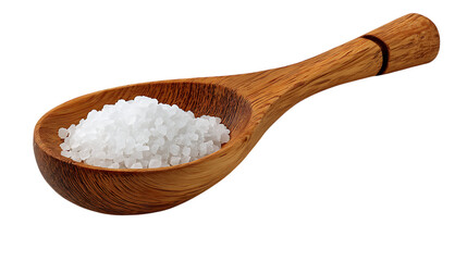 Wooden spoon filled with white granulated salt isolated on transparent background