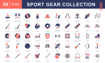 Sport Equipment icon set showcasing gear for team sports, water sports, gymnastics, martial arts, and fitness training—ideal for gyms, schools, outdoor activities, and health campaigns.