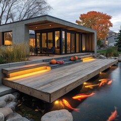 Modern home with a floating deck over a koi pond, evening light