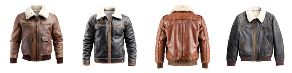 Leather Flight Jackets Collection: Vintage Style Aviator Coats on White Background
