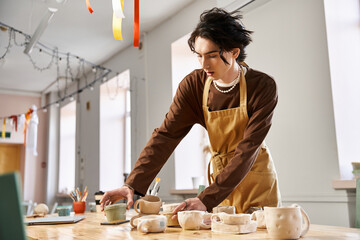 Handsome stylish man engaged in pottery creation in a vibrant studio setting