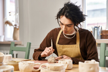Handsome stylish man creates unique pottery in a sunlit ceramics studio filled with creativity