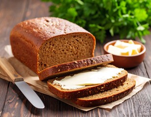 Freshly baked rye bread sliced and buttered
