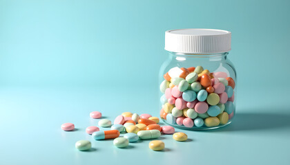 Colorful pills in a jar, representing medicine and healthcare on a blue background.