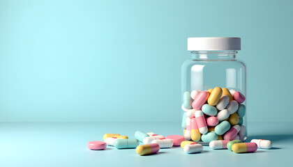 Colorful pills spill from a clear bottle, suggesting health and medication.
