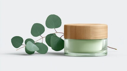 Pale Green Cream Jar with Eucalyptus Branch on White Background