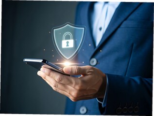 Businessman using smartphone with data security shield and padlock icon overlay