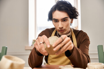 Handsome stylish man creates unique pottery in a bright and creative studio environment