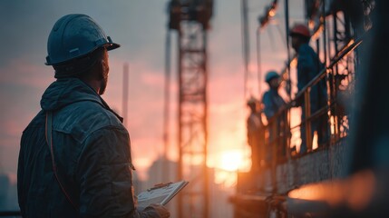 Worker reviews construction site plans against a fiery sunset backdrop. Use to illustrate building projects, safety, or industrial progress.