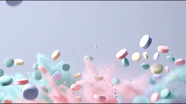 A colorful explosion of tablets and powders. The tablets are of different colors and shapes, suspended in the air amidst colorful powders. 