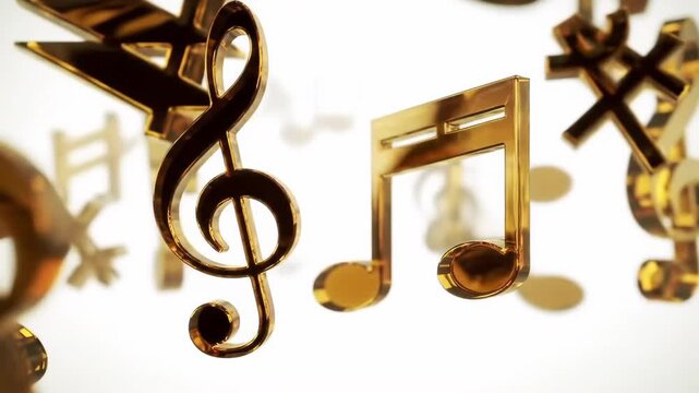 Golden musical notes shimmer and float against a bright white background Abstract shapes cast soft shadows creating a sense of playful harmony