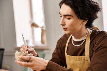 A skilled man meticulously sculpts clay in a vibrant pottery studio, showcasing his artistic talent