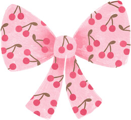 Pink cute watercolor bow with cherry pattern illustration
