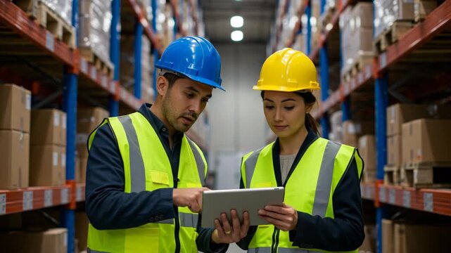 Two workers in safety vests and hard hats collaborate using a tablet in a large warehouse aisle - Powered by Adobe