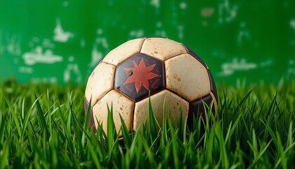 Obraz premium A weathered soccer ball rests on vibrant green grass, set against a distressed green backdrop, texture, distressed