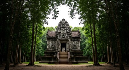 An ancient stone temple, nestled deep within a lush green forest, stands as a majestic testament to history and architectural beauty.