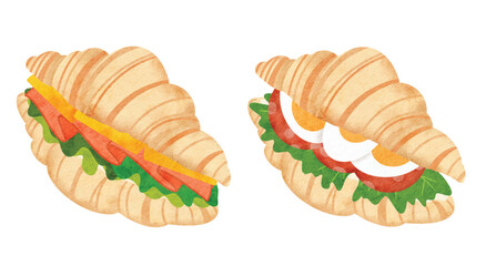 vector set of croissants sandwiches hand drawn, drawing in watercolor. food vector illustration