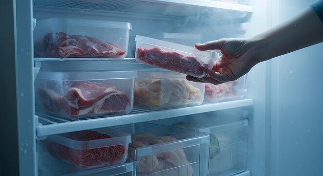 Hand taking container of ground meat from freezer with other frozen foods