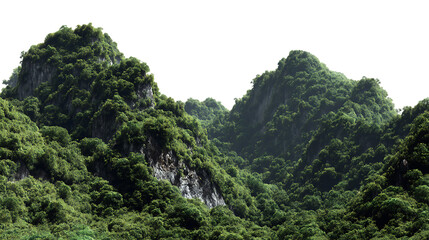 Panoramic view of densely forested green mountains under a bright sky isolated on transparent background