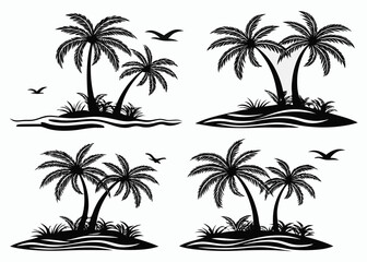 Vector art of a serene collection of tropical island silhouettes with palm trees and birds