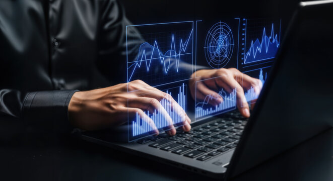Data analytics and virtual graphs. Analysis of statistical business marketing data. Data scientist using laptop computer to analyze virtual data.