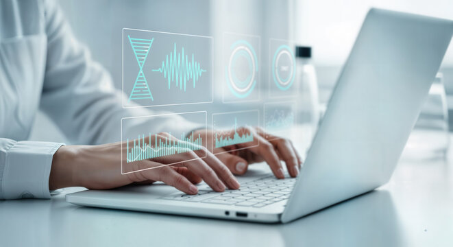 forensic analyst, laptop computer for data analytics and graphs, analysis of statistical business marketing data, businessman concept. - Powered by Adobe