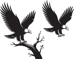 Obraz premium Majestic Eagle Silhouettes Collection – Soaring, Perching, and Hunting Bird of Prey Vector Set