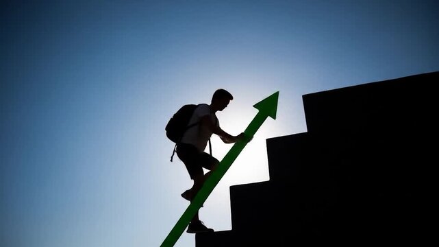Silhouette of Person Climbing Stairs with Green Arrow Symbolizing Growth