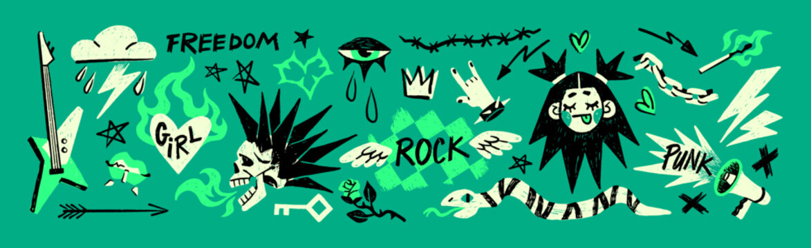 Doodle set of punk graffiti. Sketches of tattoos in grunge style. Scribble grafitti, wall art with rock design elements, skulls, guitar, heart and flowers. Hand drawn isolated vector illustrations