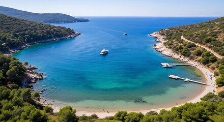 Fototapeta premium An idyllic aerial view showcases a secluded bay with crystal-clear turquoise waters, a sandy beach, and lush green hills, with boats gently floating in the serene inlet.