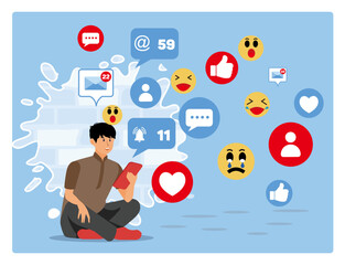 Man Using Smartphone Surrounded by Colorful Social Media Notifications and Emojis.