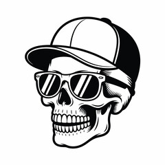 Skull wearing a cap and sunglasses black and white illustration