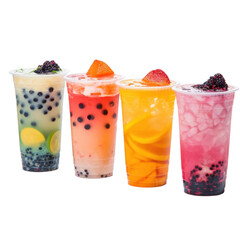 variety of newly served glasses of boba bubble tea isolated on transparent background