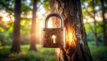 Rusty padlock on tree trunk, sunlight through keyhole