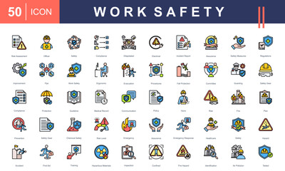 Work Safety icon set representing key elements like PPE, risk assessment, emergency response, hazard control, and workplace safety policies. Ideal for industrial, healthcare, and compliance visuals.