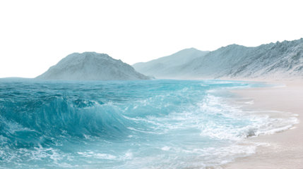 Crashing ocean wave with distant icebergs isolated on transparent background