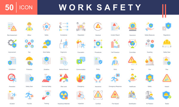 Work Safety icon set representing key elements like PPE, risk assessment, emergency response, hazard control, and workplace safety policies. Ideal for industrial, healthcare, and compliance visuals.