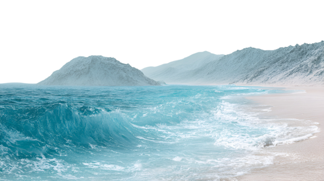 Crashing ocean wave with distant icebergs isolated on transparent background