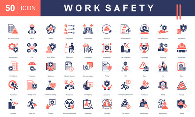 Work Safety icon set representing key elements like PPE, risk assessment, emergency response, hazard control, and workplace safety policies. Ideal for industrial, healthcare, and compliance visuals.